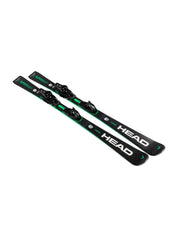 Pair of black and green Head skis on a white background