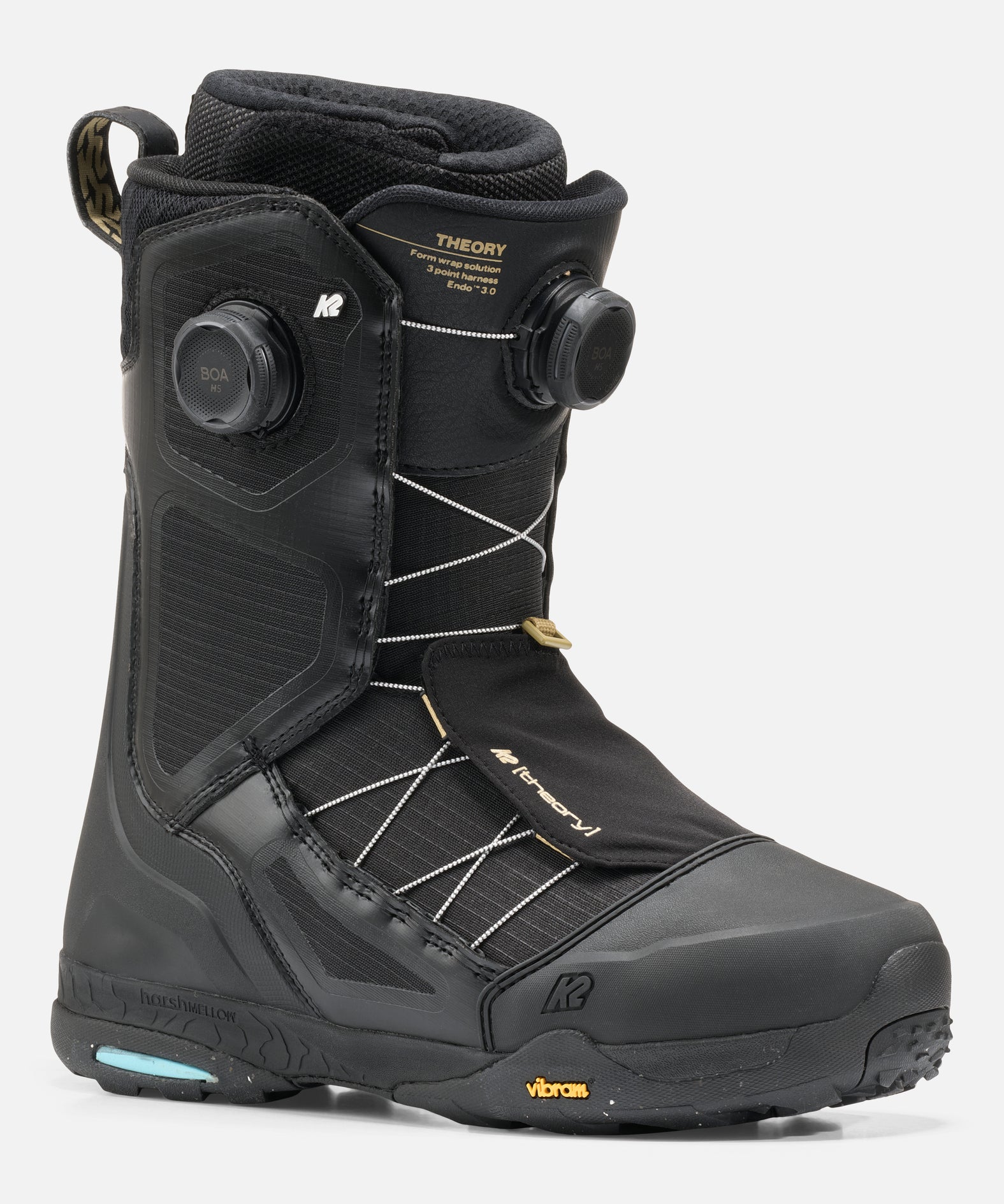 Black snowboard boot with visible branding on a white background