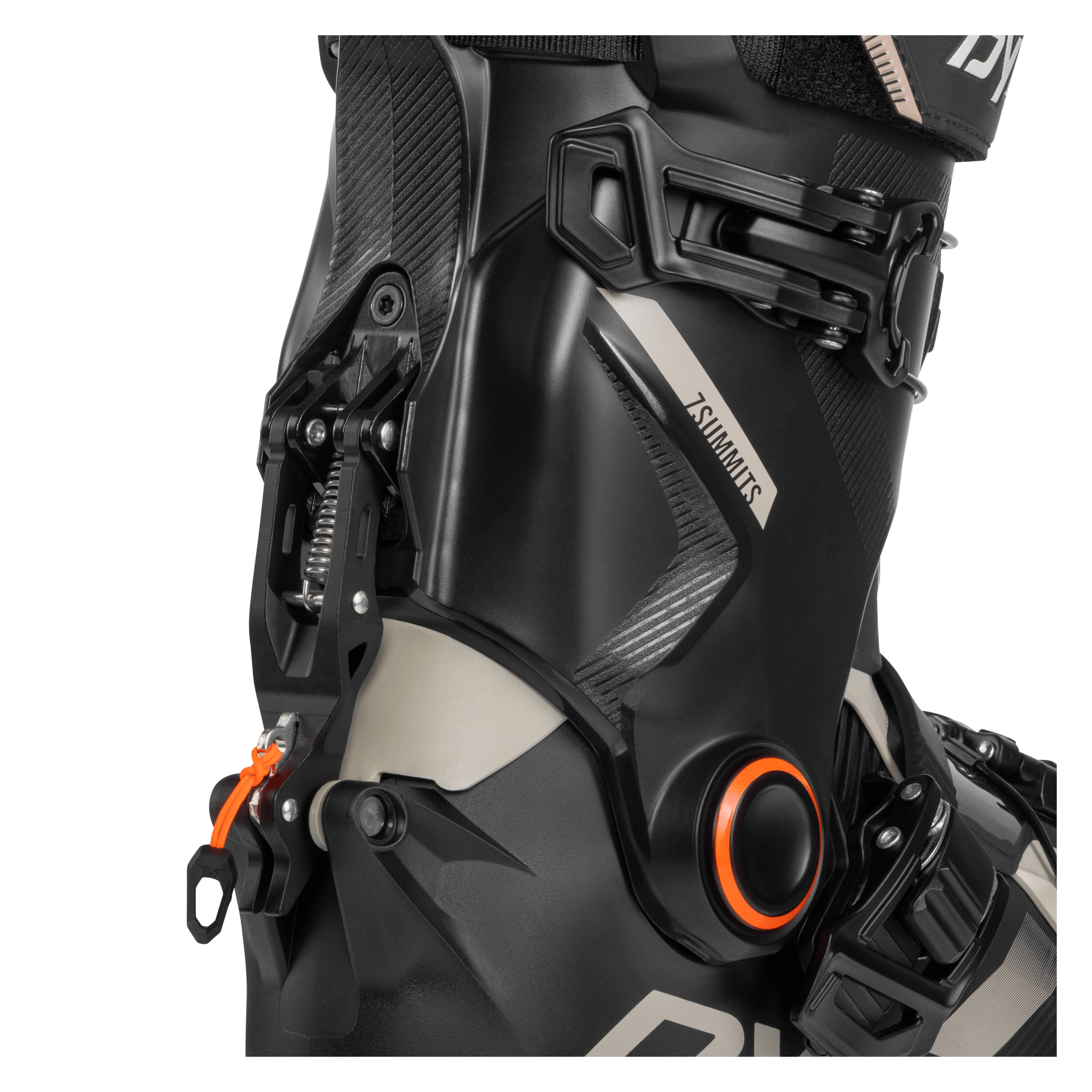 Lightweight 2027 Dynafit Seven Summits Ski Touring boot, speedlock walk mode, designed for backcountry skiing. rear View.