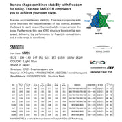 Technical specifications and features of a yonex smooth snowboard with brand logos and text on a white background.