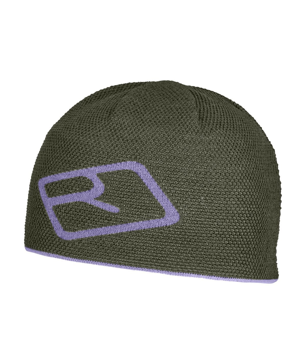 Green beanie with purple logo