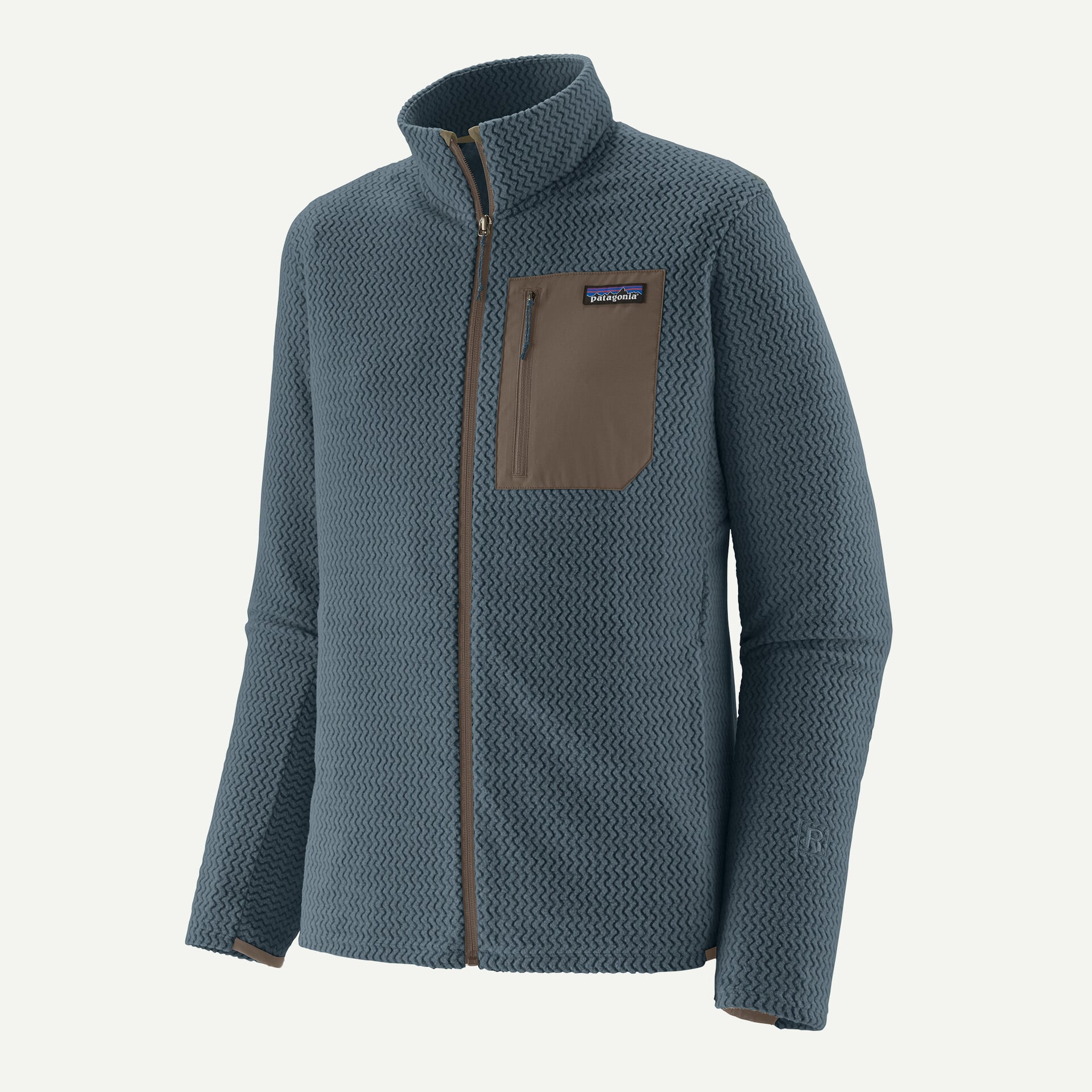 Two tone blue and brown fleece jacket, wind resistant 