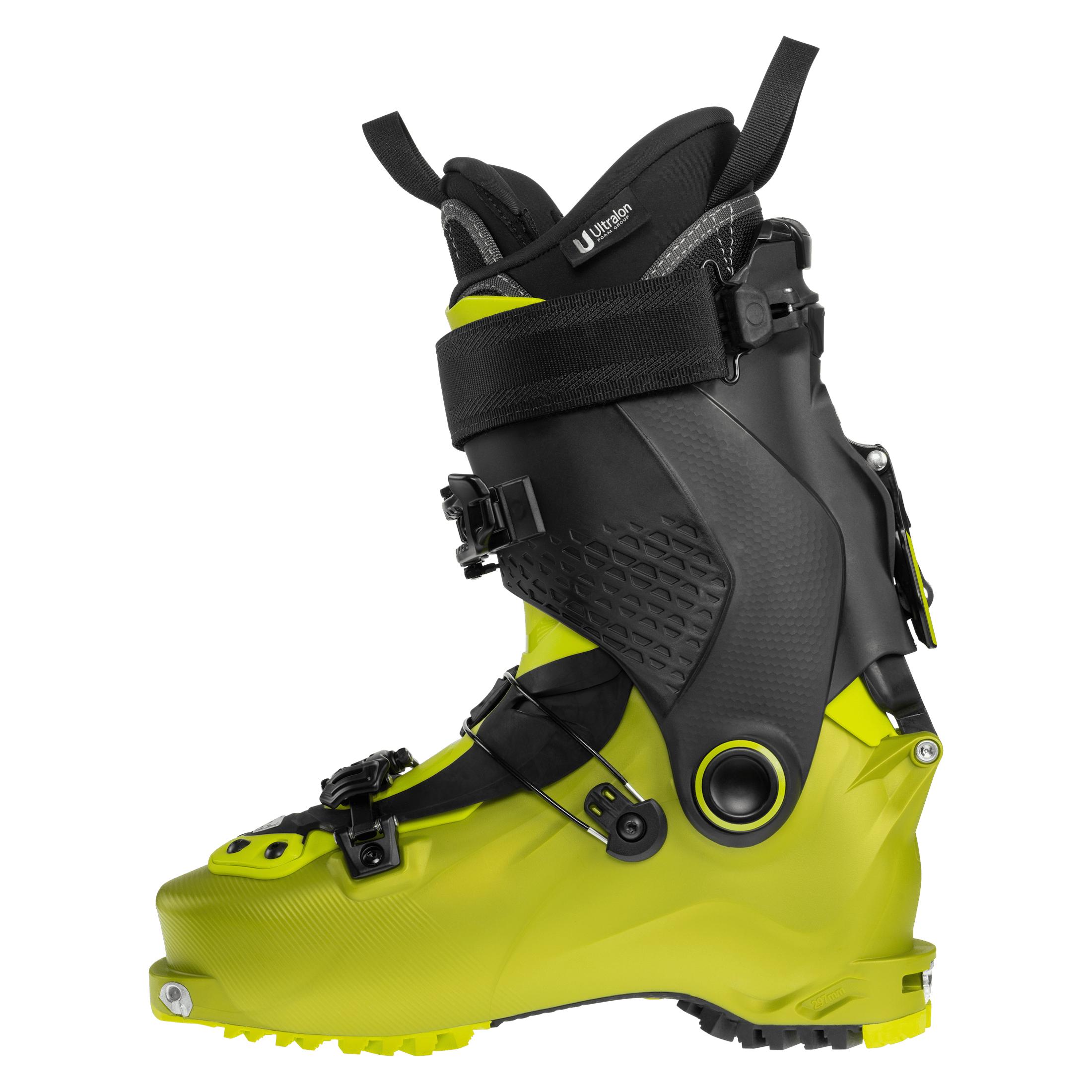 Lightweight 2027 Dynafit Radical Pro Ski Touring boot, yellow lower shell, designed for backcountry skiing. Side View.