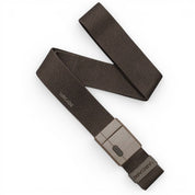 A dark brown woven webbing belt with a matte gray plastic buckle, featuring the brand name 'ARCADE' printed in white on the strap, shown on a clean white background.