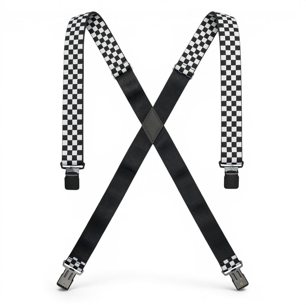 Black and white checkered suspenders with solid black crossing straps and silver metal clips, displayed on a clean white background.