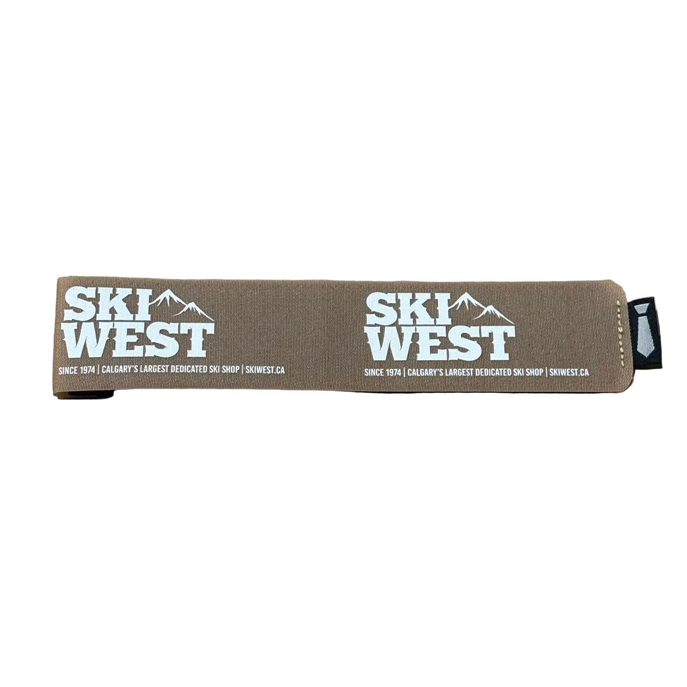 'Ski West' branded strap on a white background