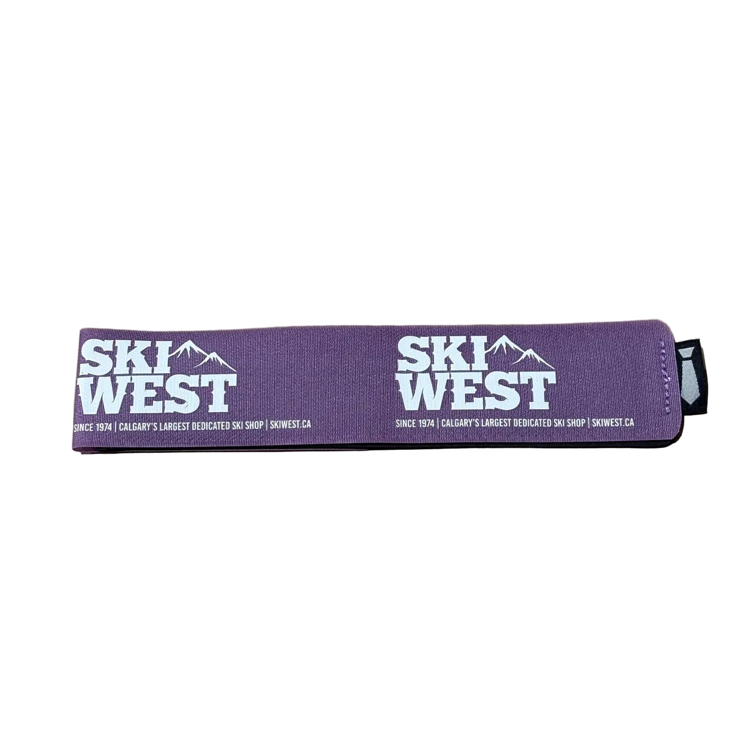 Purple strap with 'Ski West' branding on a white background