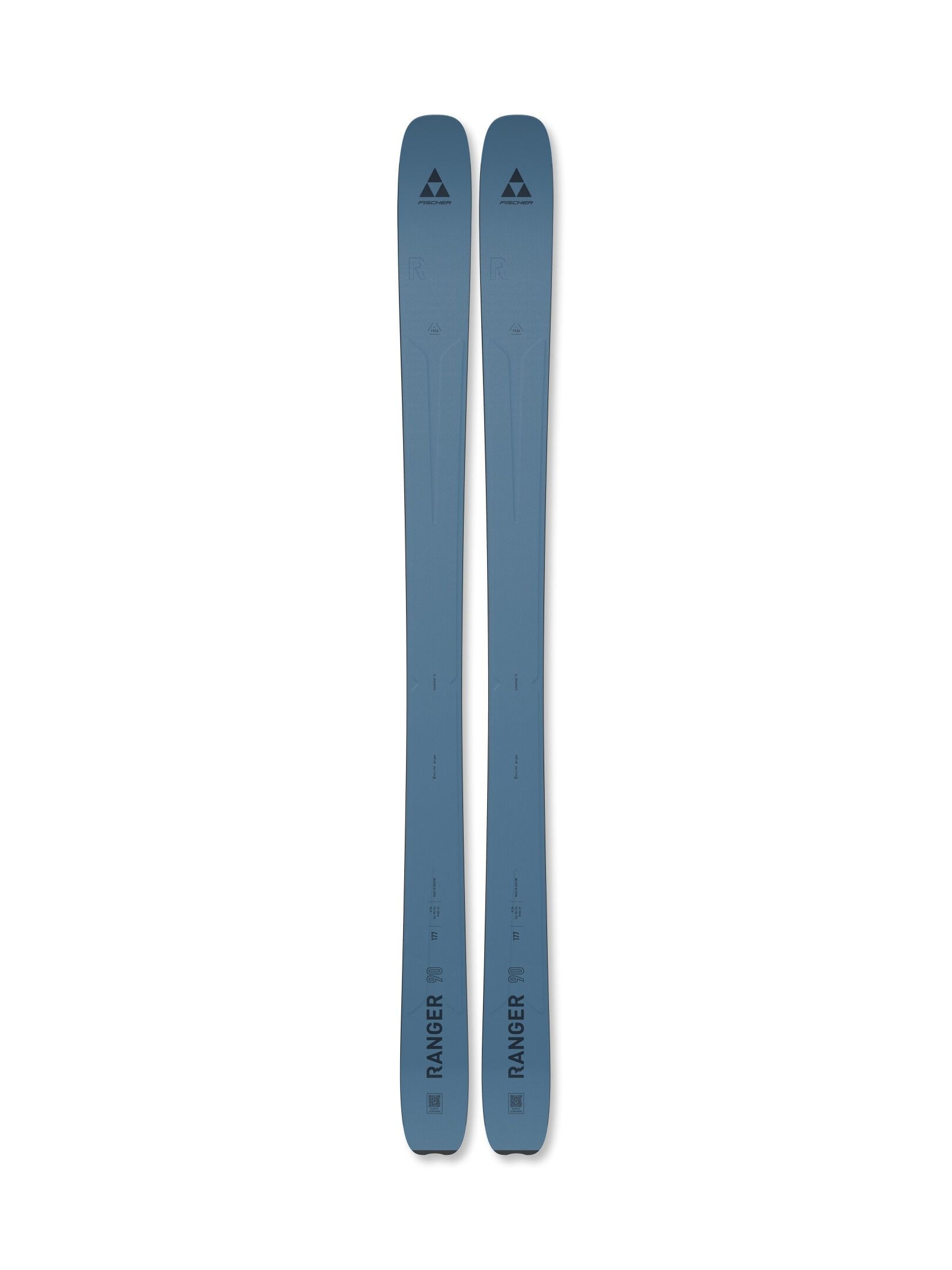 A pair of blue ski tips with 'RANGER' branding and a small triangle logo, displayed horizontally against a solid white background.