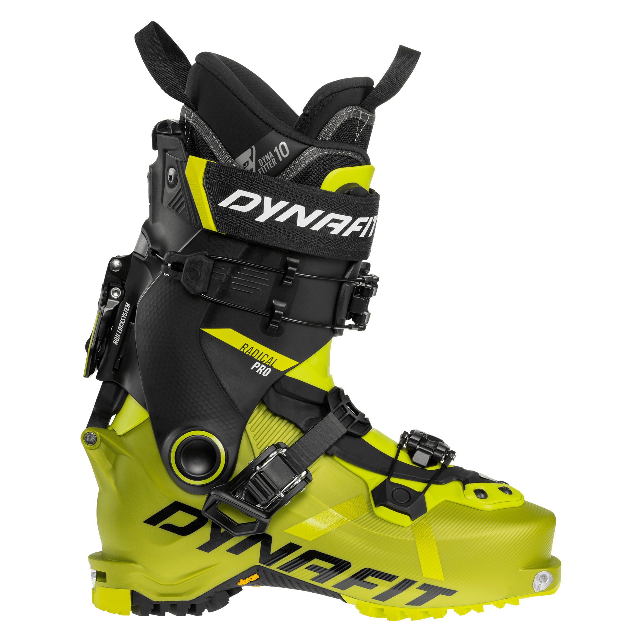Lightweight 2027 Dynafit Radical Pro Ski Touring boot, yellow lower shell, designed for backcountry skiing. Side View.