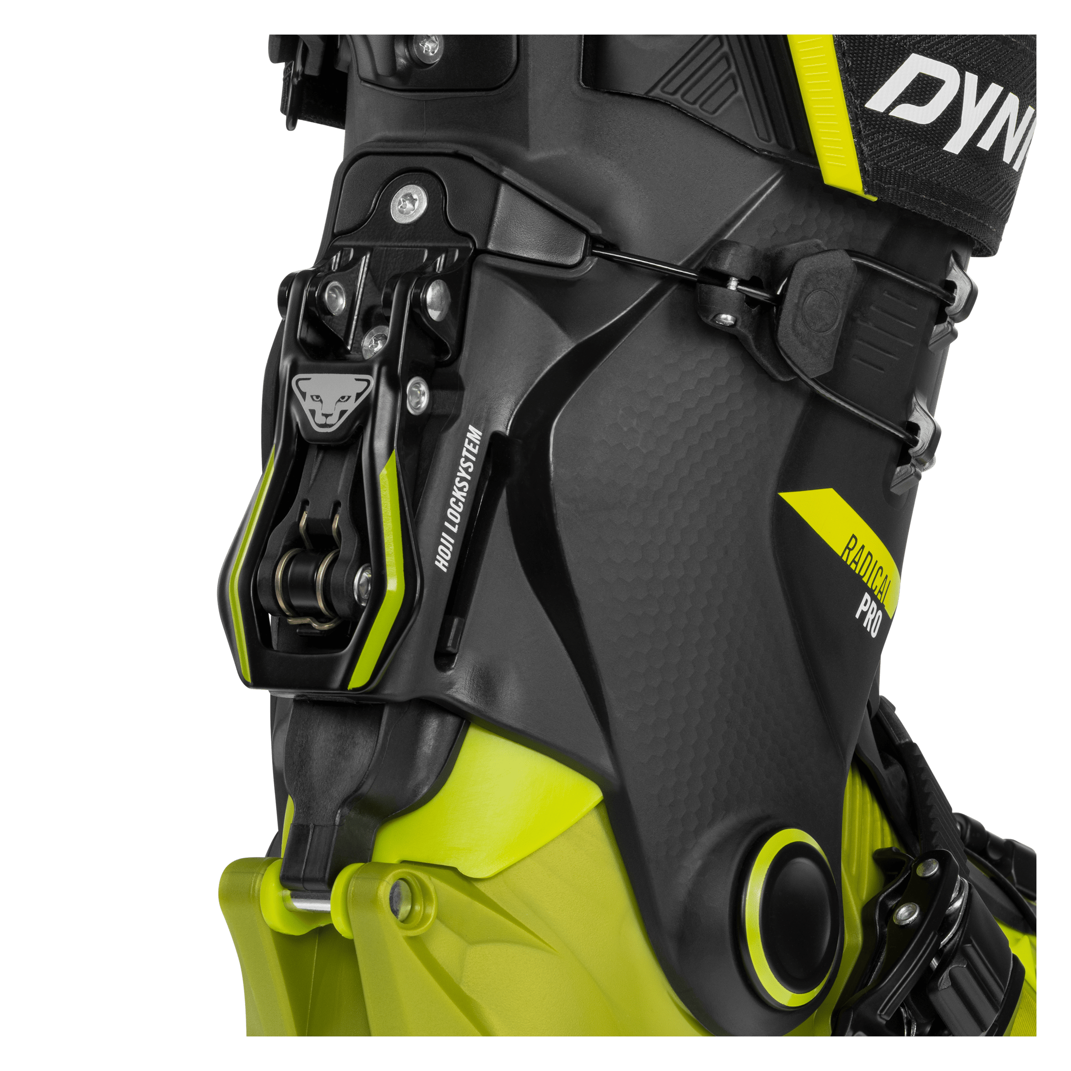 2027 Dynafit Radical Pro Ski Touring boot, Hoji Lock walk mode, designed for backcountry skiing. Rear View.
