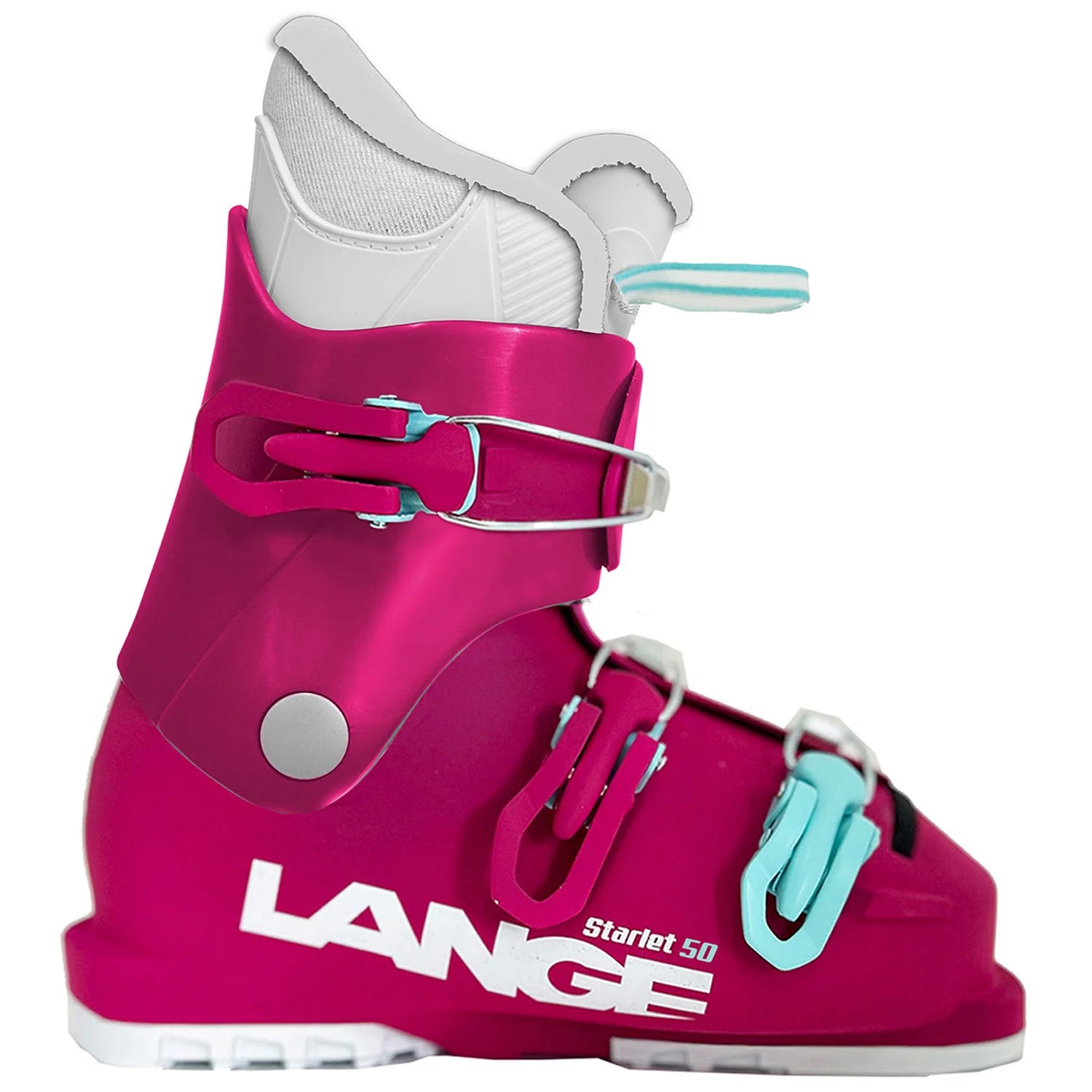 Pink ski boot with 'LANGE' branding on a white background