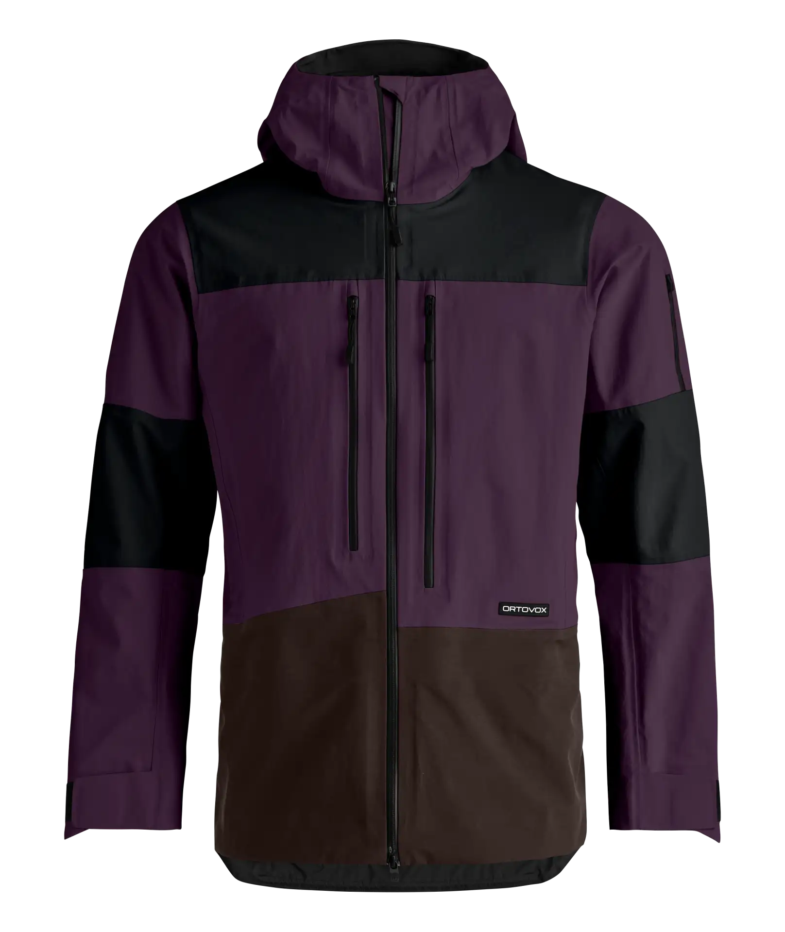 Purple and brown freeride ski shell jacket with hood