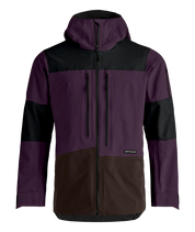 Purple and brown freeride ski shell jacket with hood