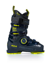 A Fischer ski boot in dark navy blue with bright neon yellow accents, featuring a BOA dial closure system and the model name MV 120, shown from a side profile on a white background.
